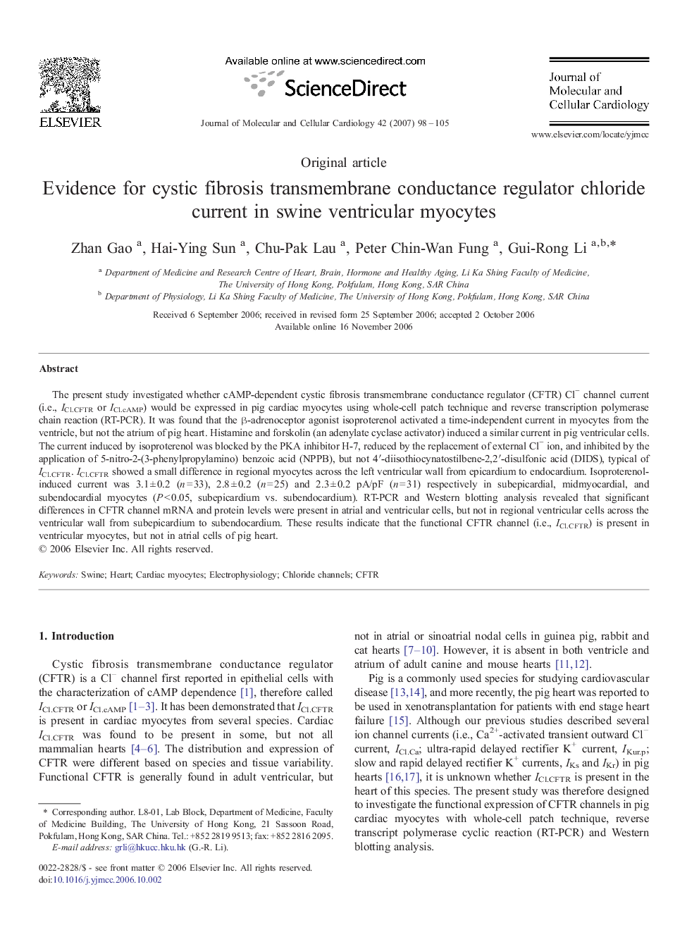 Evidence for cystic fibrosis transmembrane conductance regulator chloride current in swine ventricular myocytes