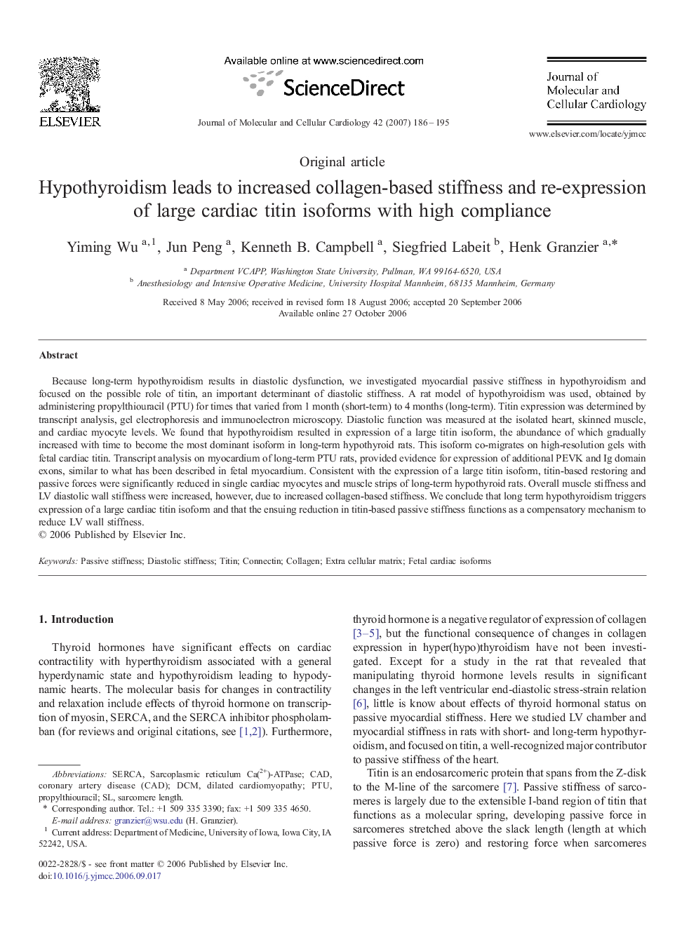 Hypothyroidism leads to increased collagen-based stiffness and re-expression of large cardiac titin isoforms with high compliance