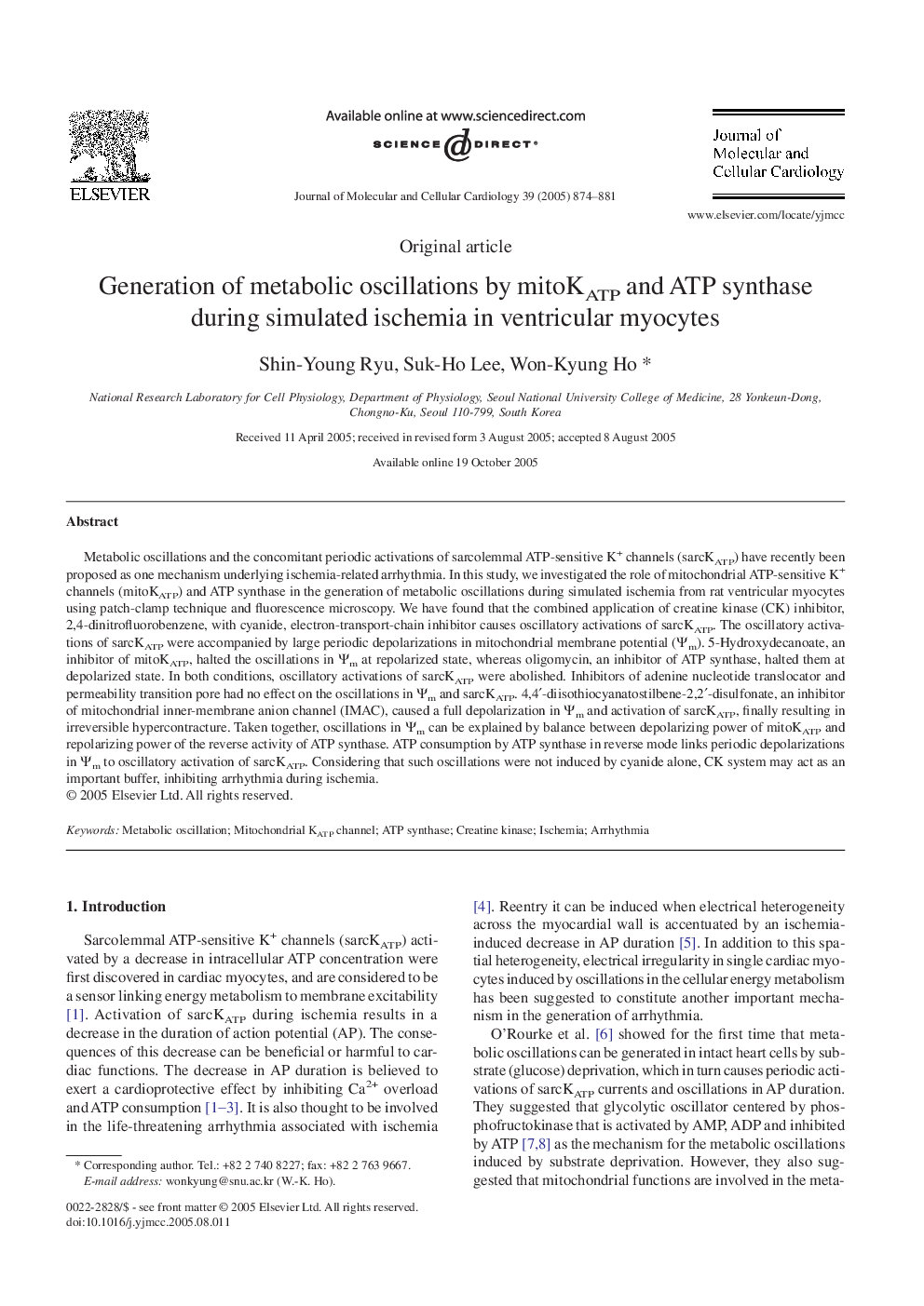 Generation of metabolic oscillations by mitoKATP and ATP synthase during simulated ischemia in ventricular myocytes