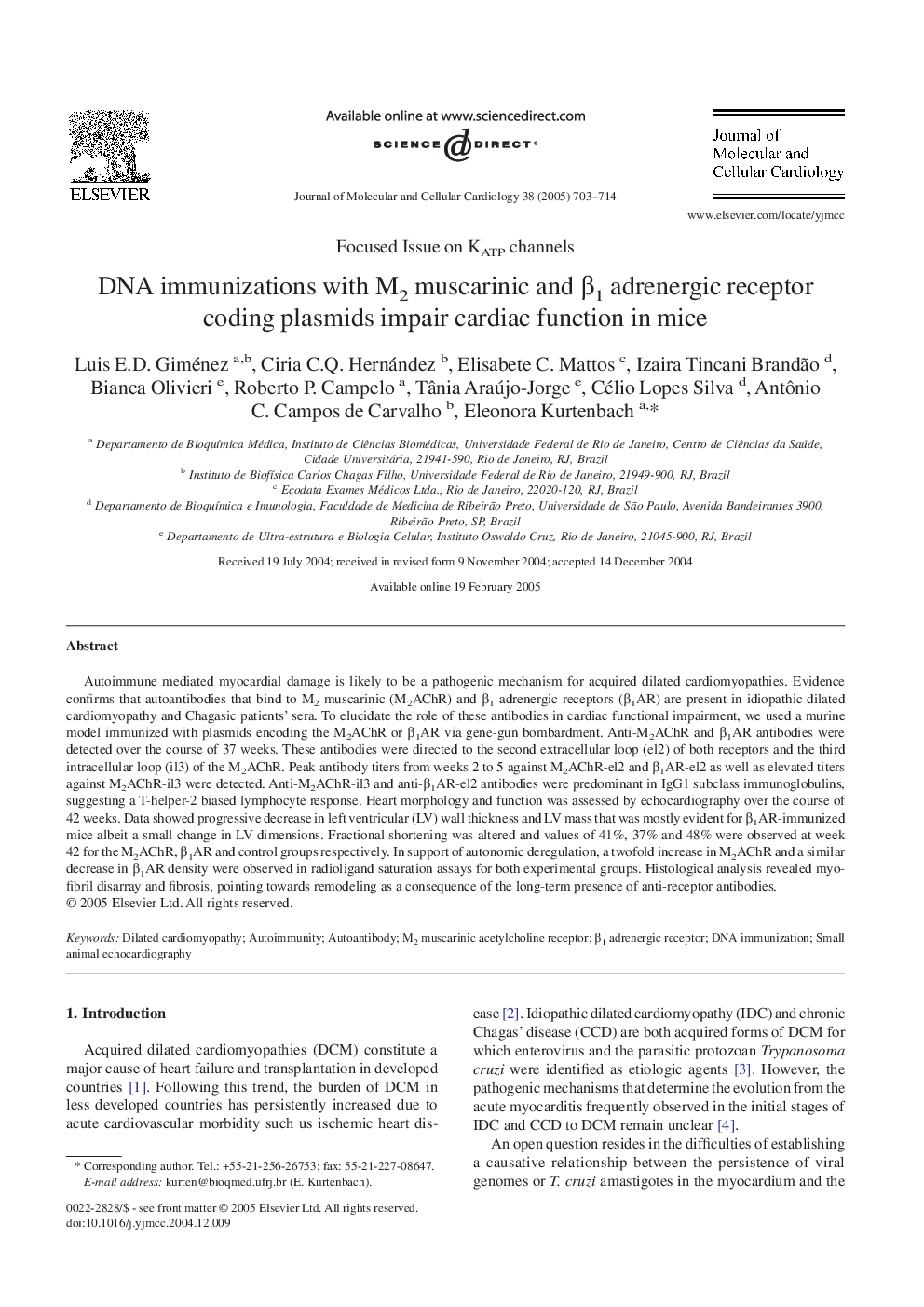 DNA immunizations with M2 muscarinic and Î²1 adrenergic receptor coding plasmids impair cardiac function in mice