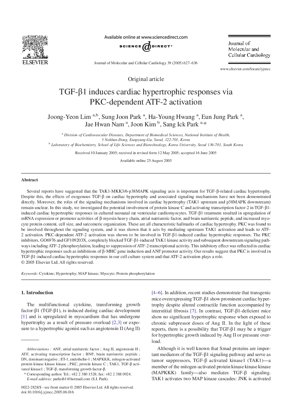 TGF-Î²1 induces cardiac hypertrophic responses via PKC-dependent ATF-2 activation