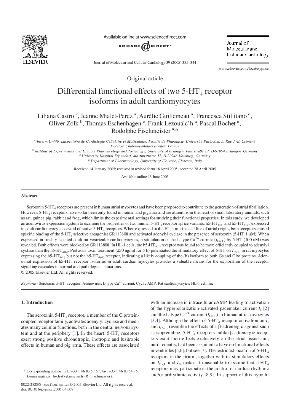 Differential functional effects of two 5-HT4 receptor isoforms in adult cardiomyocytes