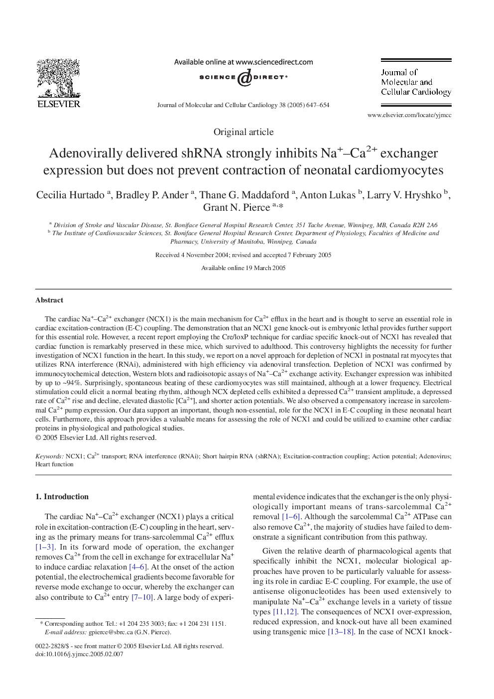 Adenovirally delivered shRNA strongly inhibits Na+-Ca2+ exchanger expression but does not prevent contraction of neonatal cardiomyocytes