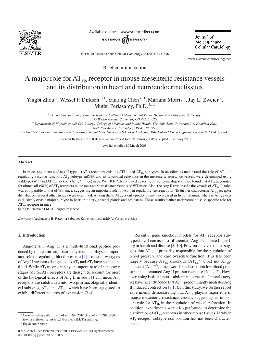 A major role for AT1b receptor in mouse mesenteric resistance vessels and its distribution in heart and neuroendocrine tissues