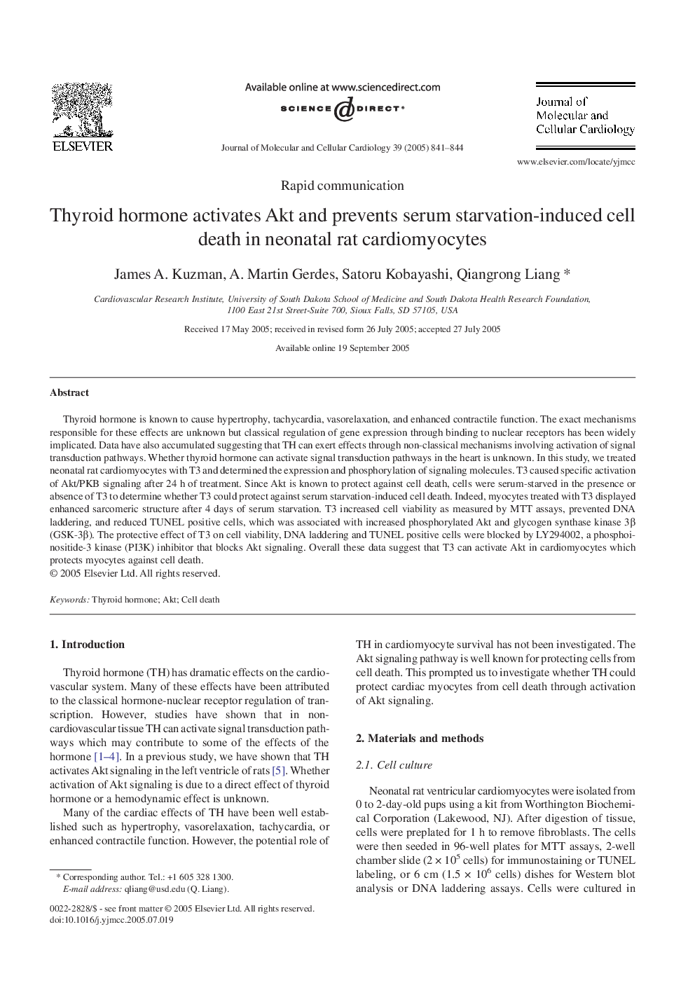 Thyroid hormone activates Akt and prevents serum starvation-induced cell death in neonatal rat cardiomyocytes