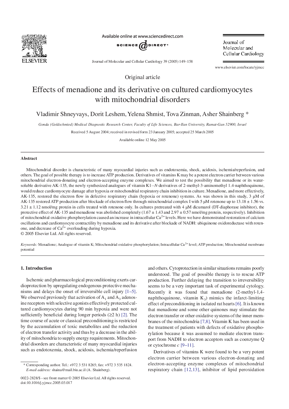 Effects of menadione and its derivative on cultured cardiomyocytes with mitochondrial disorders