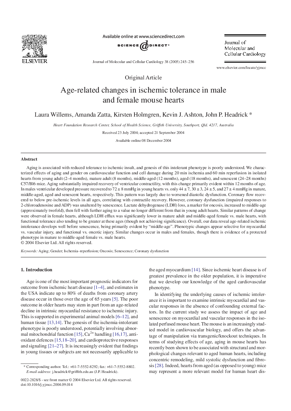 Age-related changes in ischemic tolerance in male and female mouse hearts