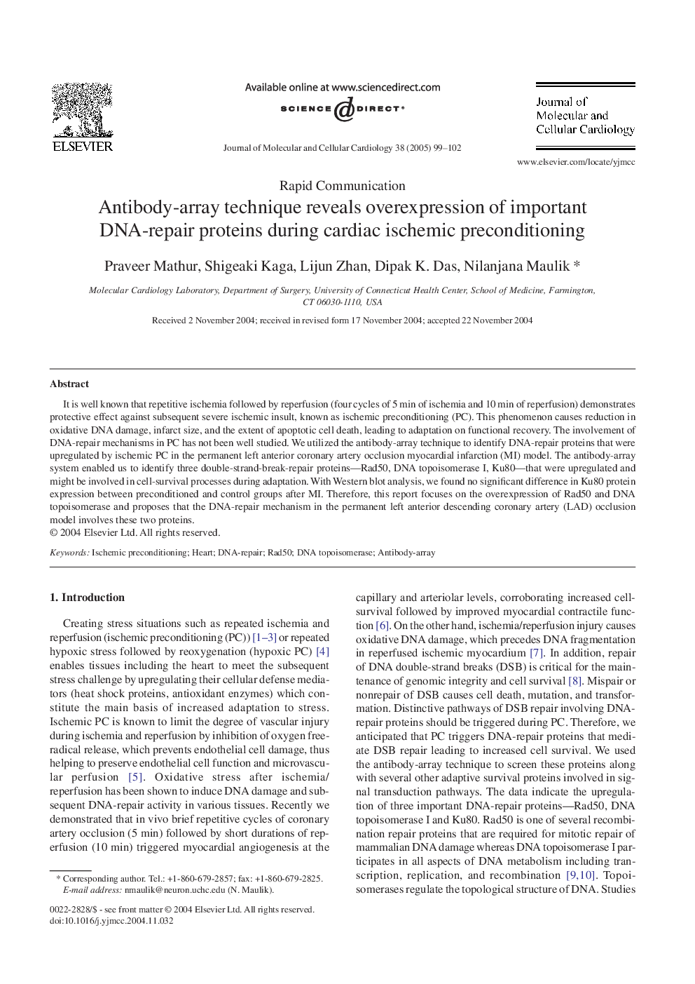 Antibody-array technique reveals overexpression of important DNA-repair proteins during cardiac ischemic preconditioning