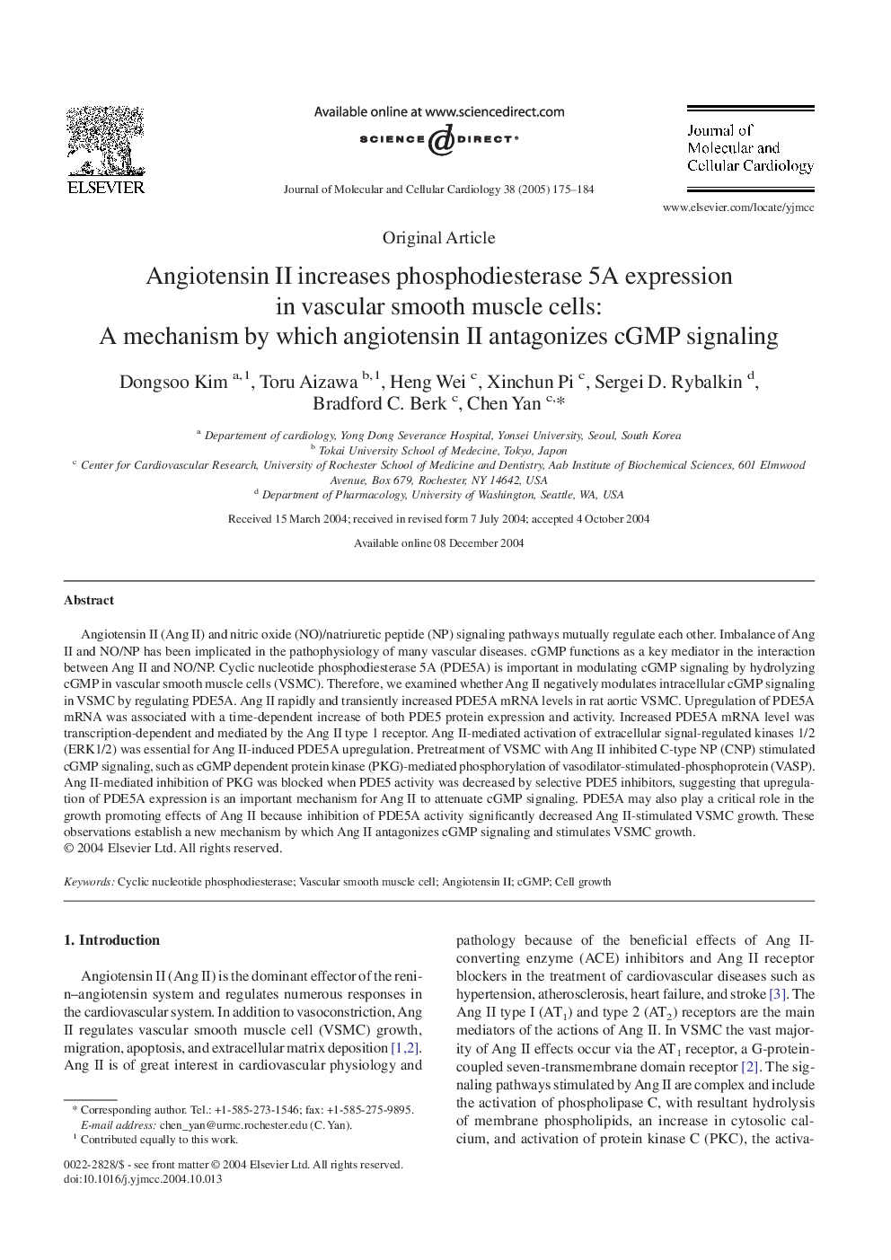 Angiotensin II increases phosphodiesterase 5A expression in vascular smooth muscle cells: A mechanism by which angiotensin II antagonizes cGMP signaling