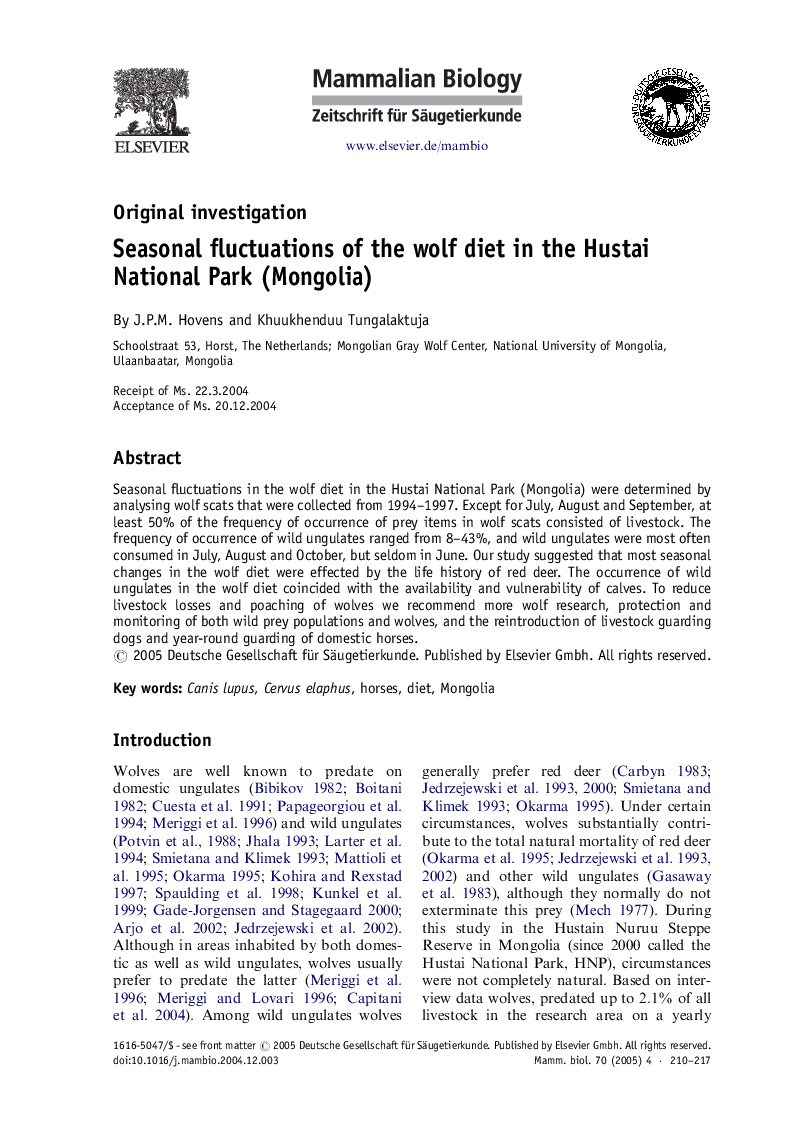 Seasonal fluctuations of the wolf diet in the Hustai National Park (Mongolia)