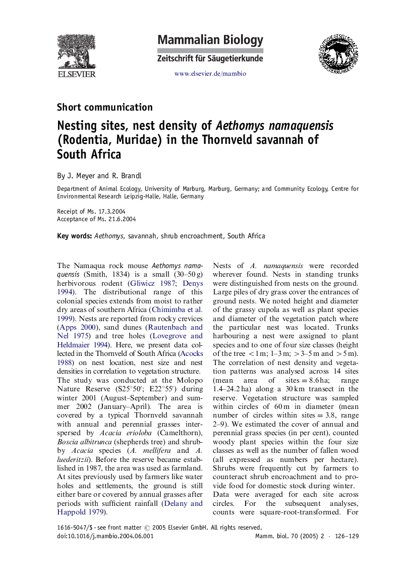 Nesting sites, nest density of Aethomys namaquensis (Rodentia, Muridae) in the Thornveld savannah of South Africa