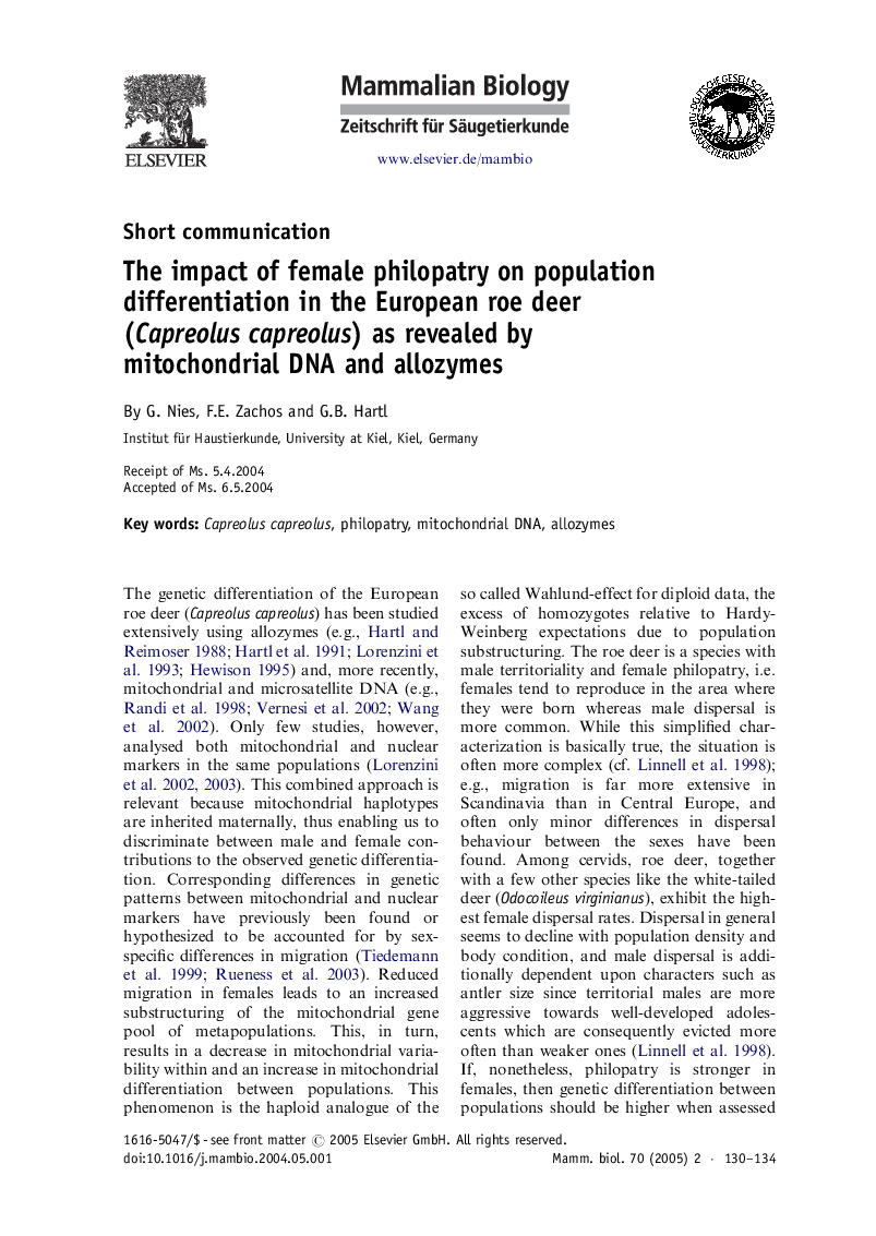 The impact of female philopatry on population differentiation in the European roe deer (Capreolus capreolus) as revealed by mitochondrial DNA and allozymes