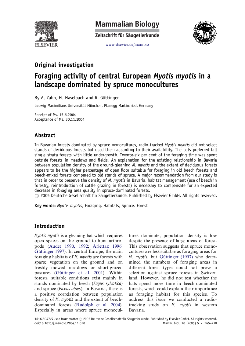 Foraging activity of central European Myotis myotis in a landscape dominated by spruce monocultures