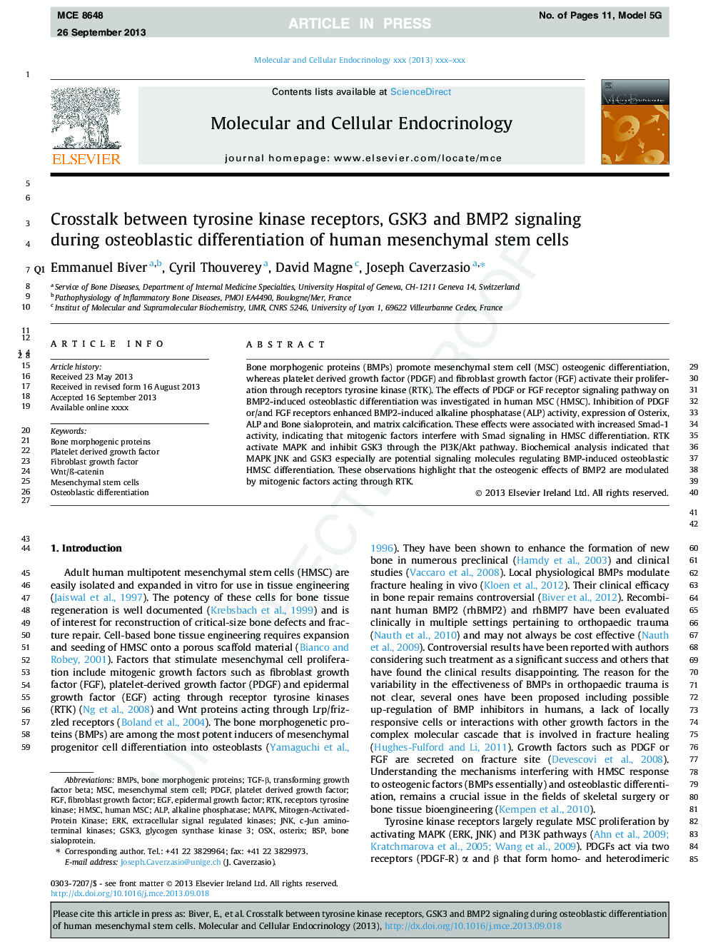 Crosstalk between tyrosine kinase receptors, GSK3 and BMP2 signaling during osteoblastic differentiation of human mesenchymal stem cells