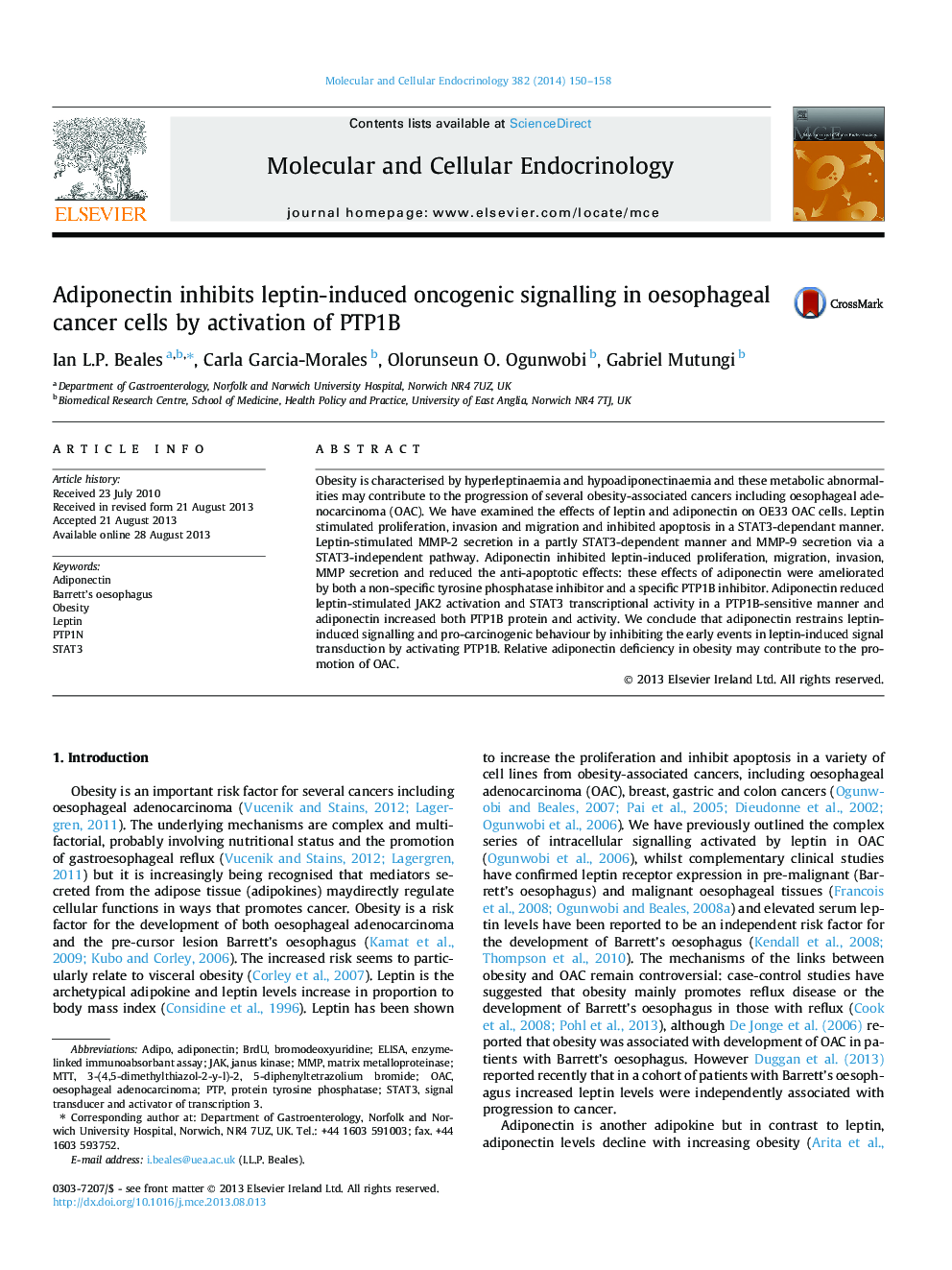 عکس صفحه اول مقاله: Adiponectin inhibits leptin-induced oncogenic signalling in oesophageal cancer cells by activation of PTP1B Adiponectin inhibits leptin-induced oncogenic signalling in oesophageal cancer cells by activation of PTP1B