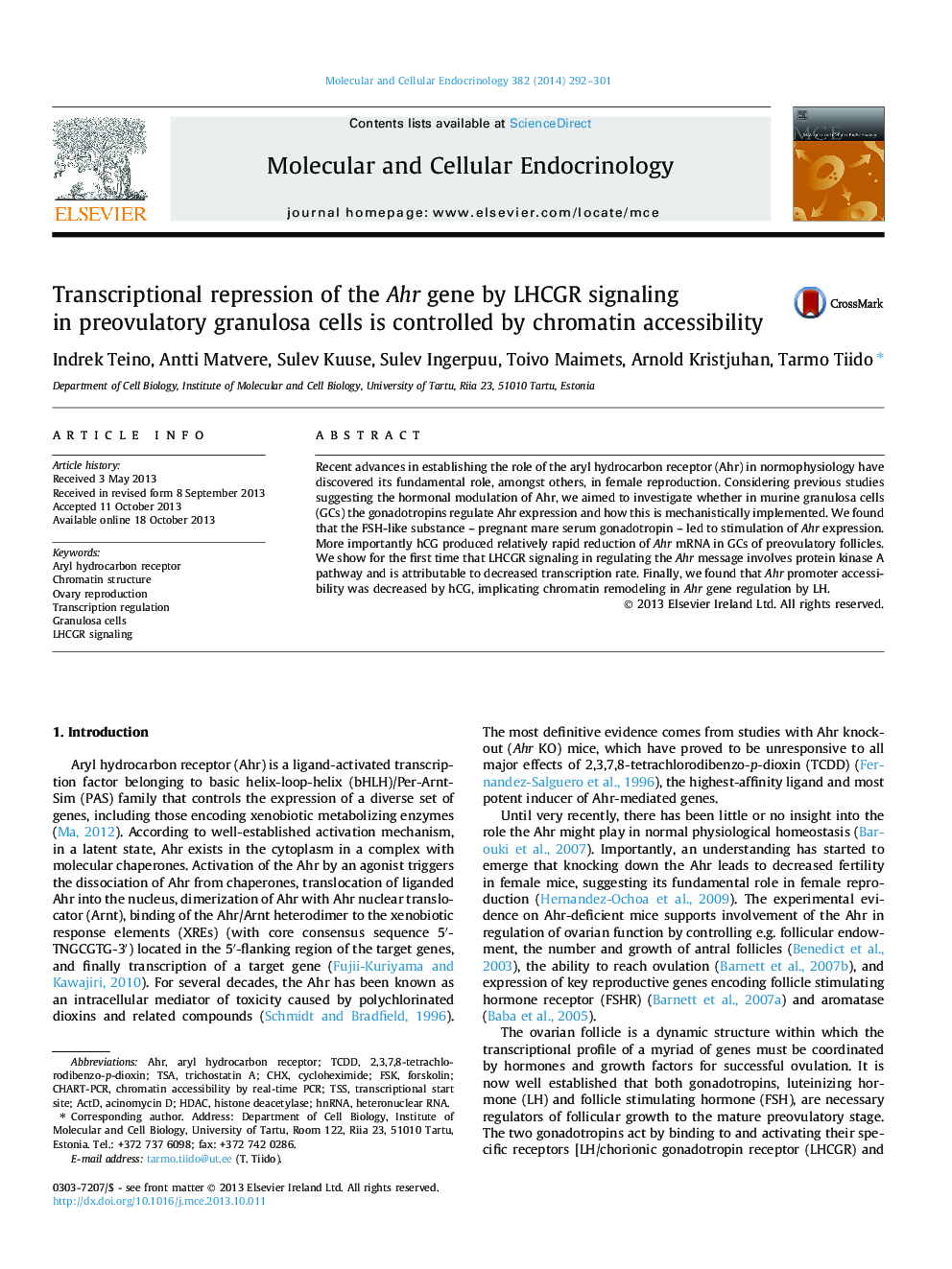 Transcriptional repression of the Ahr gene by LHCGR signaling in preovulatory granulosa cells is controlled by chromatin accessibility