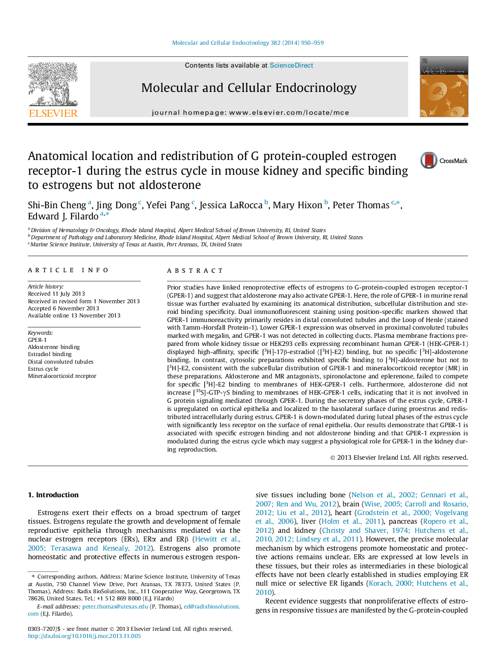 Anatomical location and redistribution of G protein-coupled estrogen receptor-1 during the estrus cycle in mouse kidney and specific binding to estrogens but not aldosterone