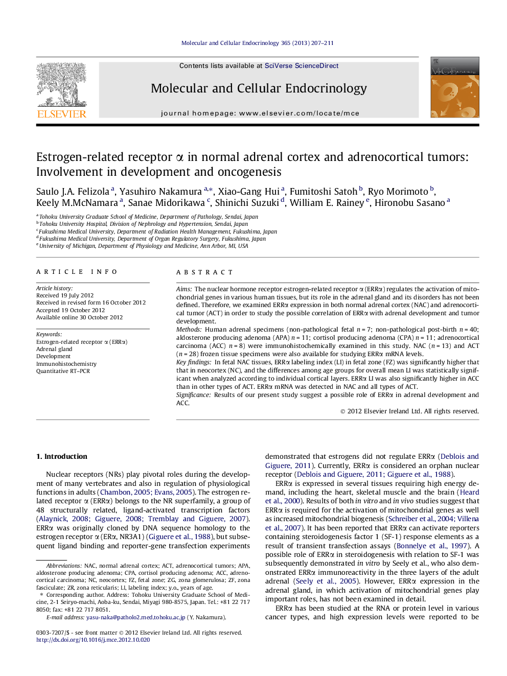 Estrogen-related receptor Î± in normal adrenal cortex and adrenocortical tumors: Involvement in development and oncogenesis