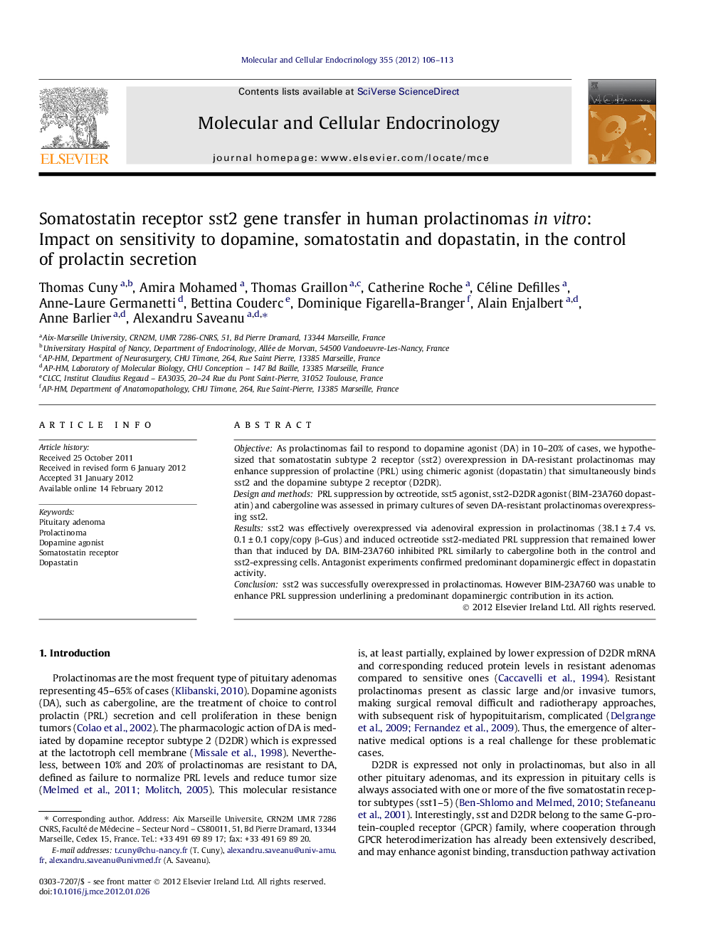 Somatostatin receptor sst2 gene transfer in human prolactinomas in vitro: Impact on sensitivity to dopamine, somatostatin and dopastatin, in the control of prolactin secretion