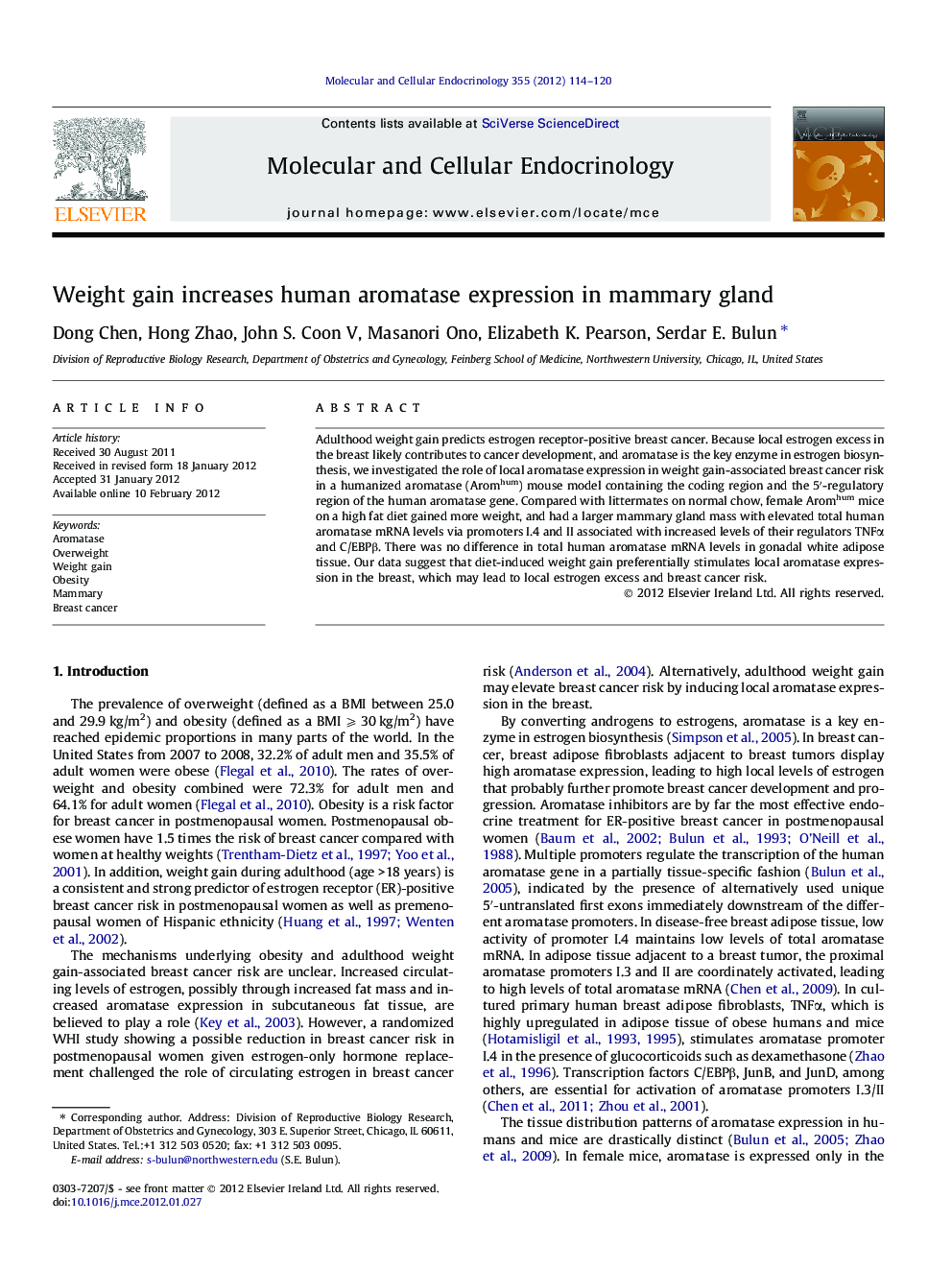 Weight gain increases human aromatase expression in mammary gland