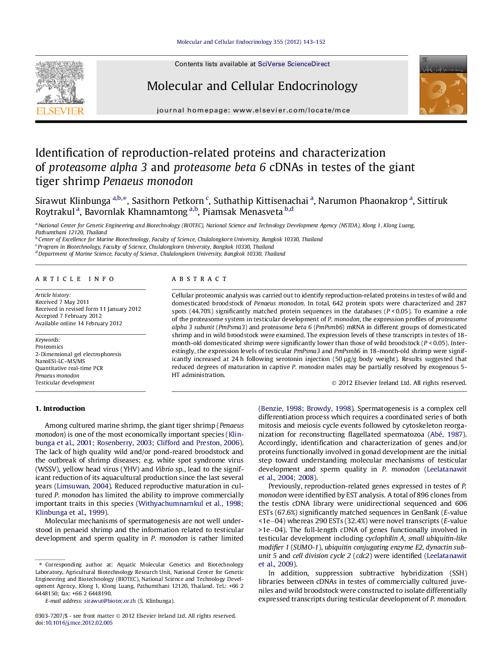 Identification of reproduction-related proteins and characterization of proteasome alpha 3 and proteasome beta 6 cDNAs in testes of the giant tiger shrimp Penaeus monodon