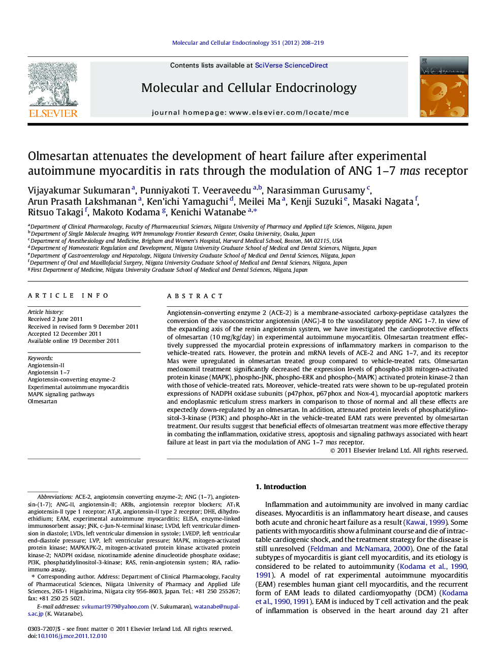 Olmesartan attenuates the development of heart failure after experimental autoimmune myocarditis in rats through the modulation of ANG 1-7 mas receptor