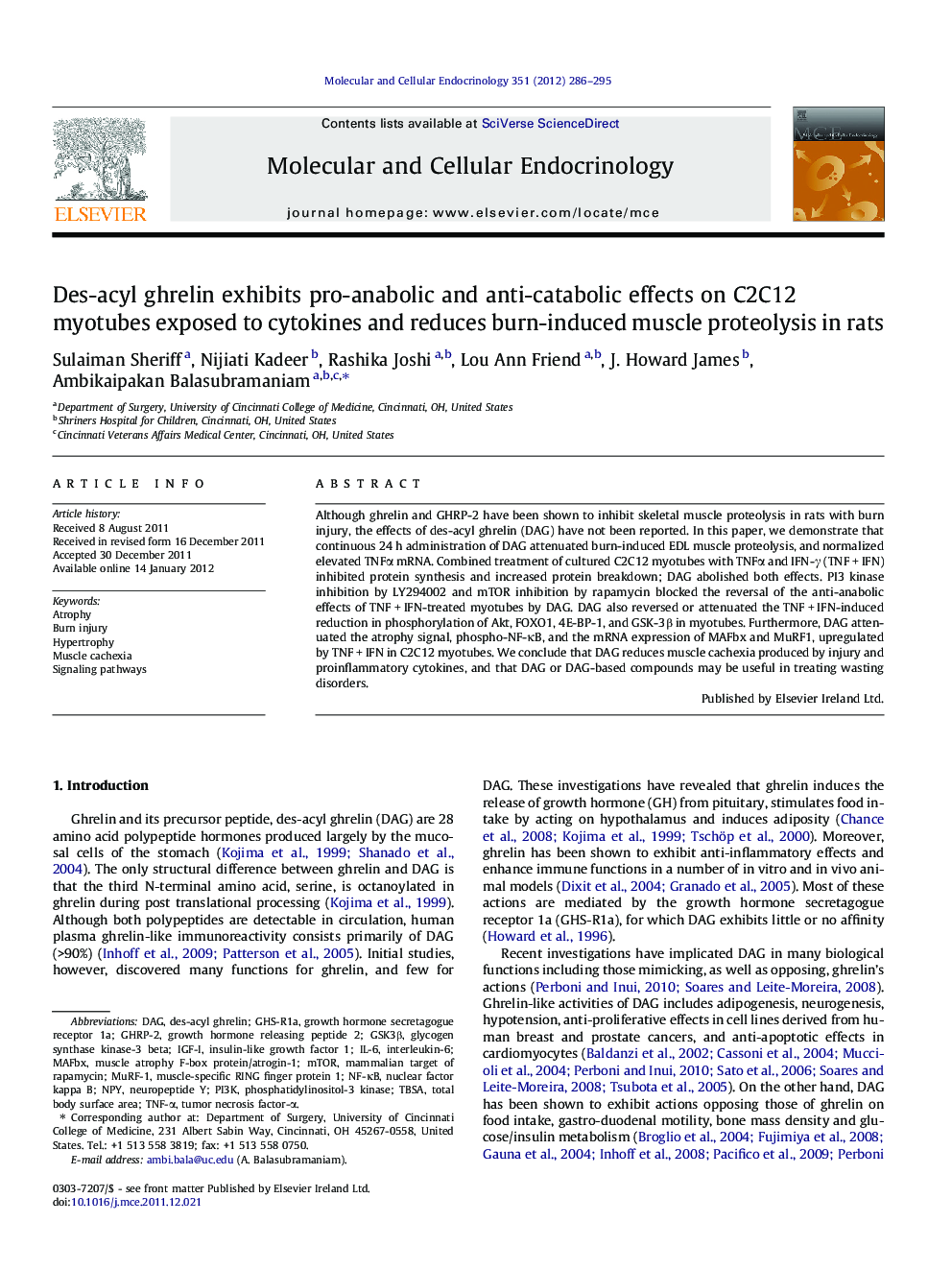 Des-acyl ghrelin exhibits pro-anabolic and anti-catabolic effects on C2C12 myotubes exposed to cytokines and reduces burn-induced muscle proteolysis in rats