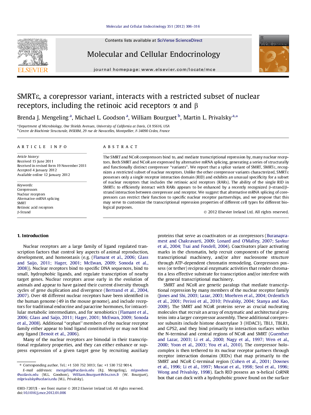 SMRTÎµ, a corepressor variant, interacts with a restricted subset of nuclear receptors, including the retinoic acid receptors Î± and Î²