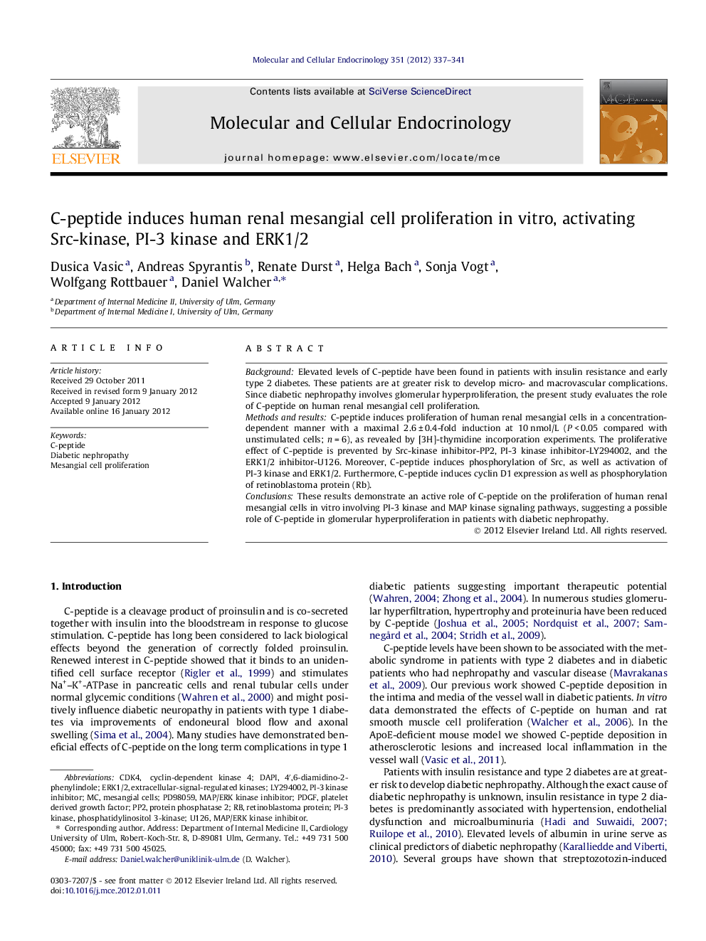 C-peptide induces human renal mesangial cell proliferation in vitro, activating Src-kinase, PI-3 kinase and ERK1/2