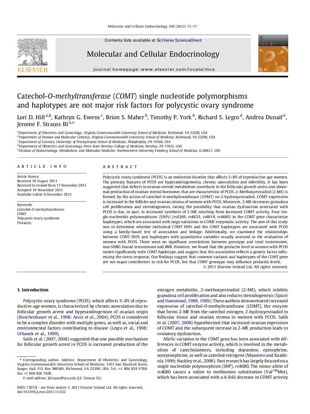 Catechol-O-methyltransferase (COMT) single nucleotide polymorphisms and haplotypes are not major risk factors for polycystic ovary syndrome