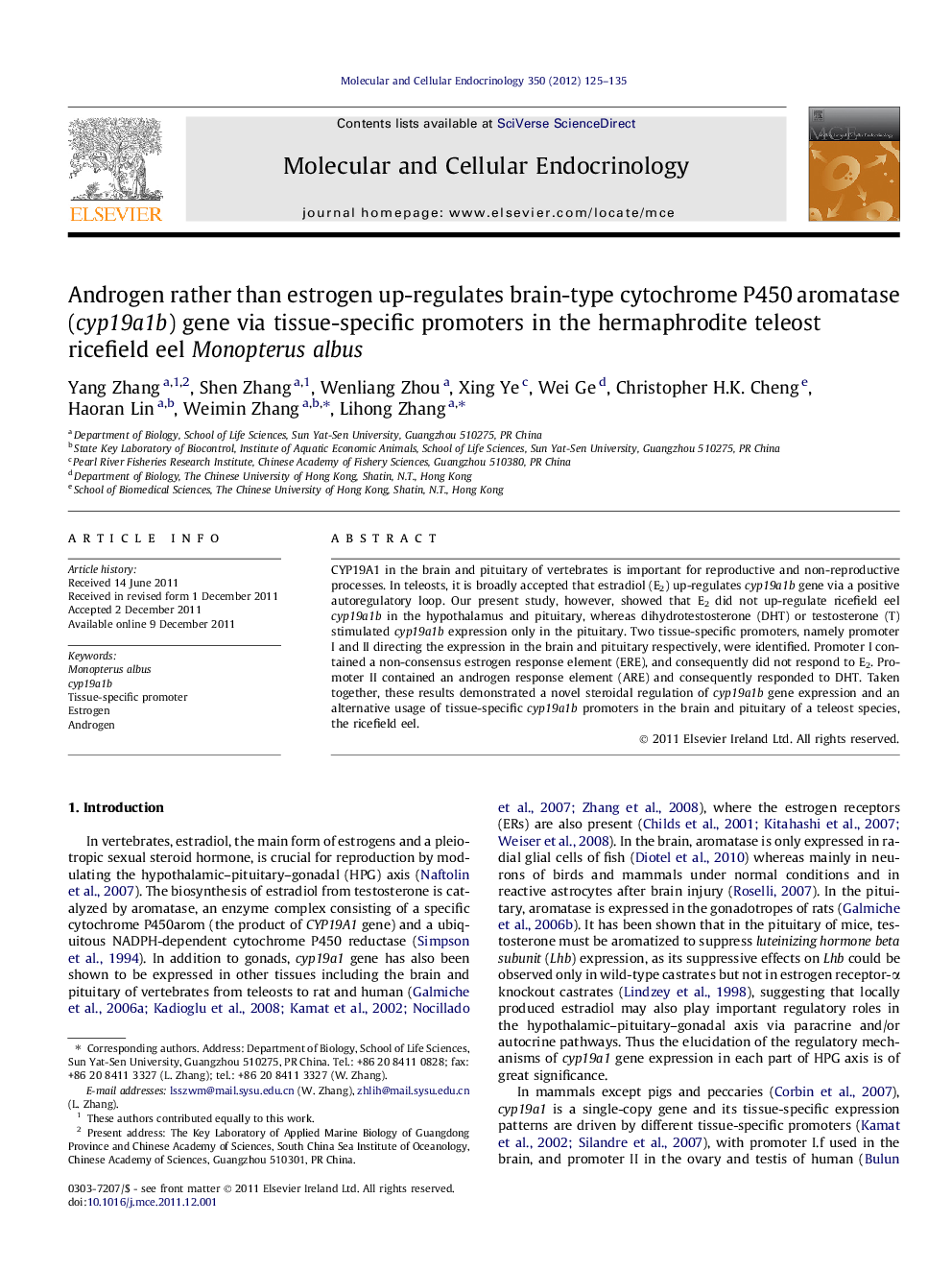 Androgen rather than estrogen up-regulates brain-type cytochrome P450 aromatase (cyp19a1b) gene via tissue-specific promoters in the hermaphrodite teleost ricefield eel Monopterus albus