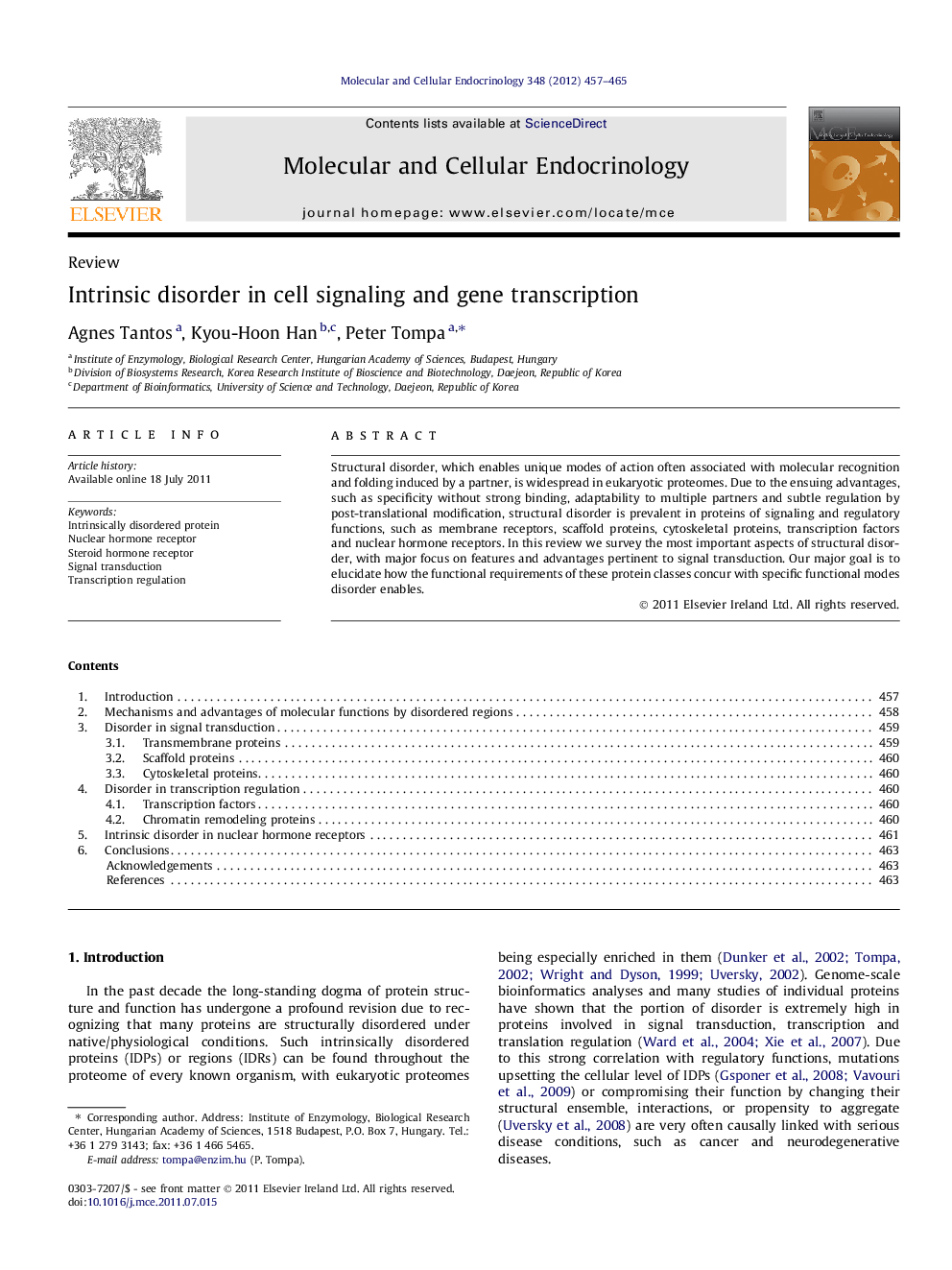 Intrinsic disorder in cell signaling and gene transcription