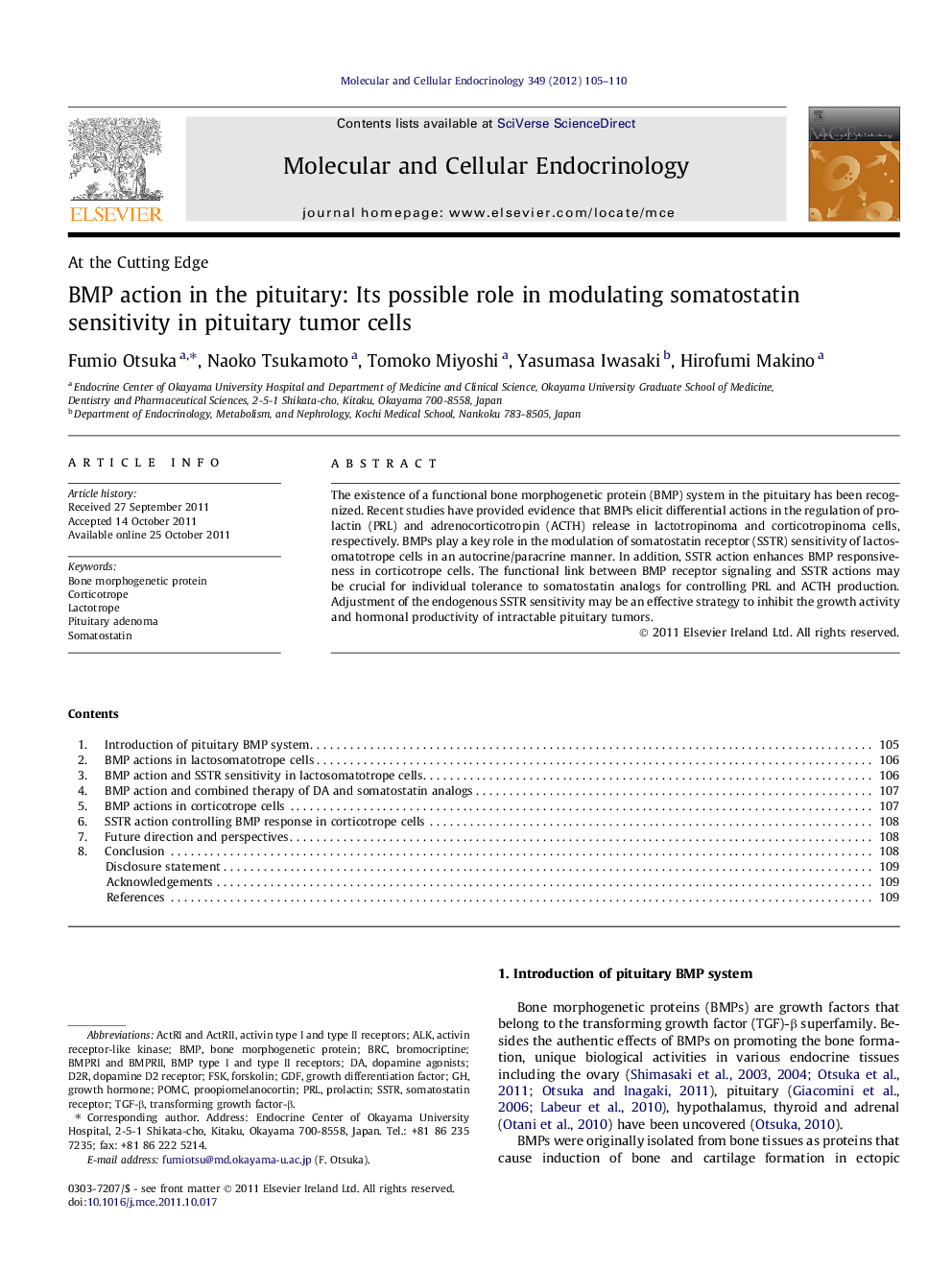 BMP action in the pituitary: Its possible role in modulating somatostatin sensitivity in pituitary tumor cells