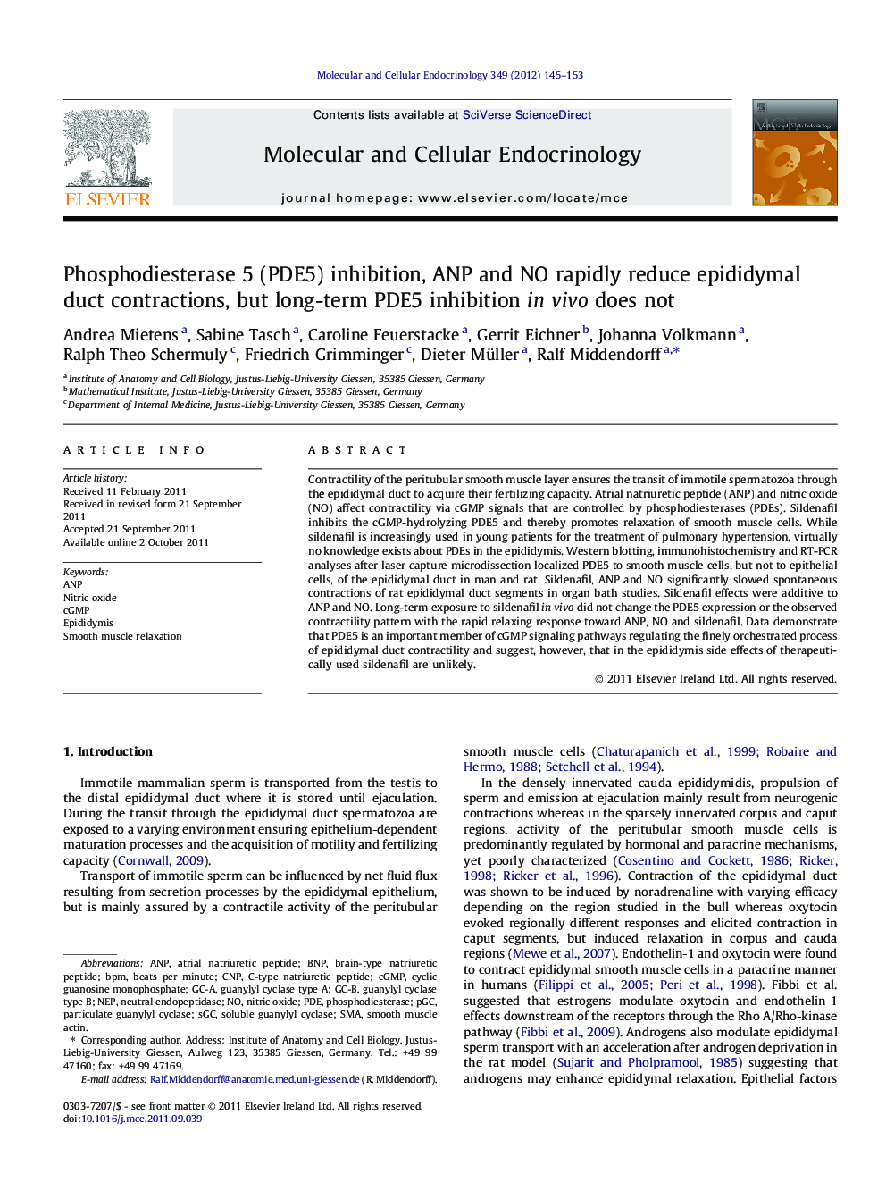 Phosphodiesterase 5 (PDE5) inhibition, ANP and NO rapidly reduce epididymal duct contractions, but long-term PDE5 inhibition in vivo does not