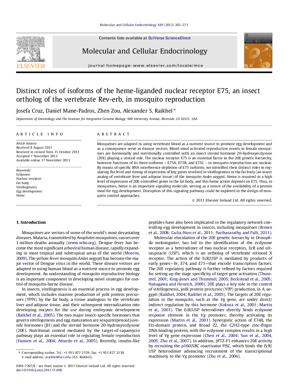 Distinct roles of isoforms of the heme-liganded nuclear receptor E75, an insect ortholog of the vertebrate Rev-erb, in mosquito reproduction