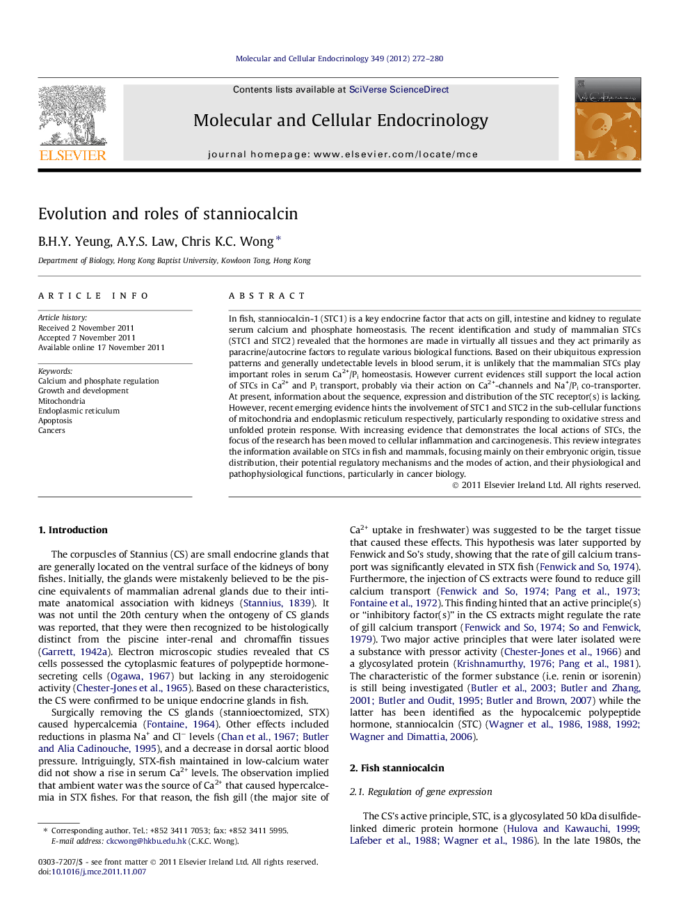 Evolution and roles of stanniocalcin