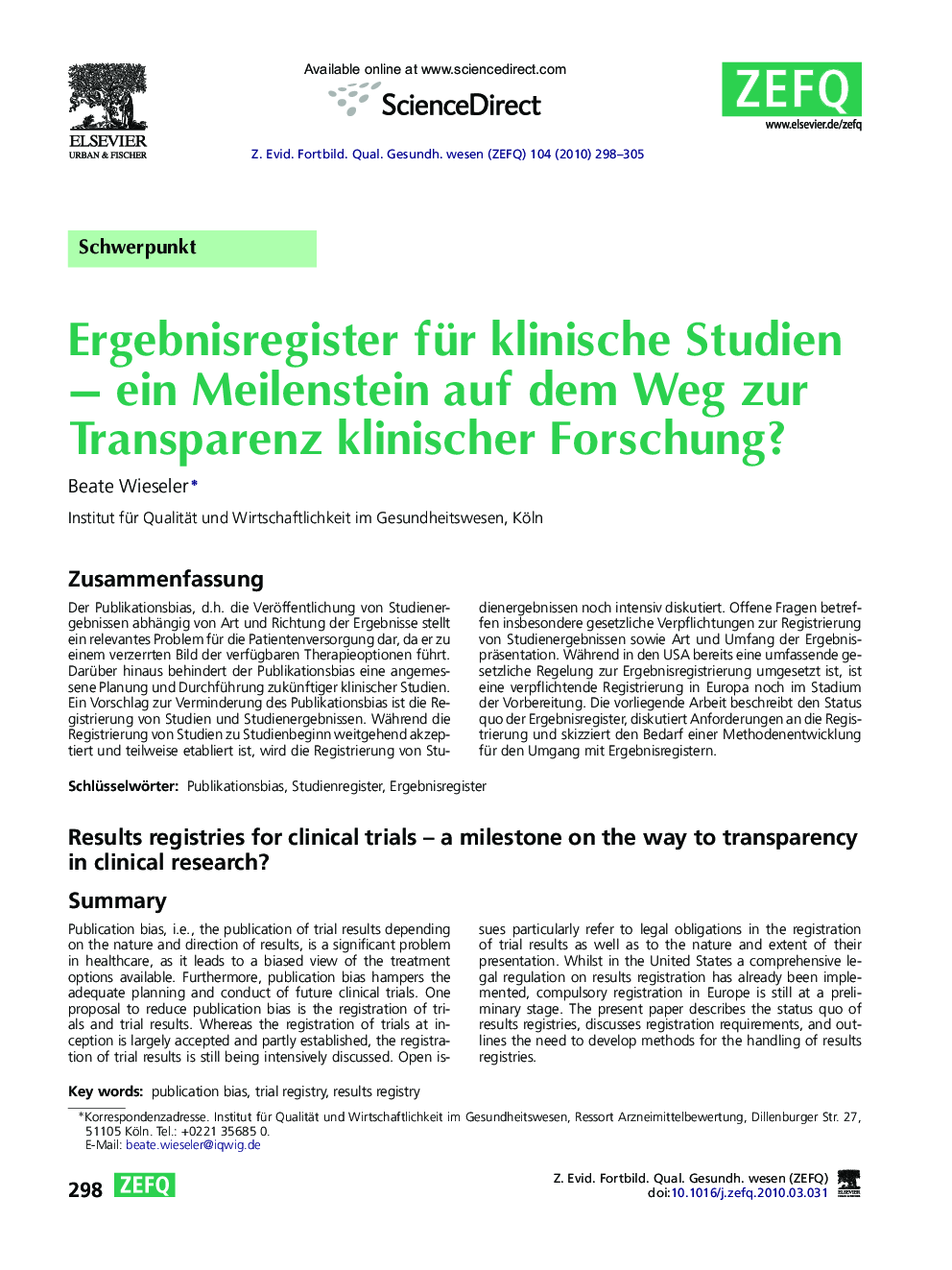 Ergebnisregister für klinische Studien – ein Meilenstein auf dem Weg zur Transparenz klinischer Forschung?