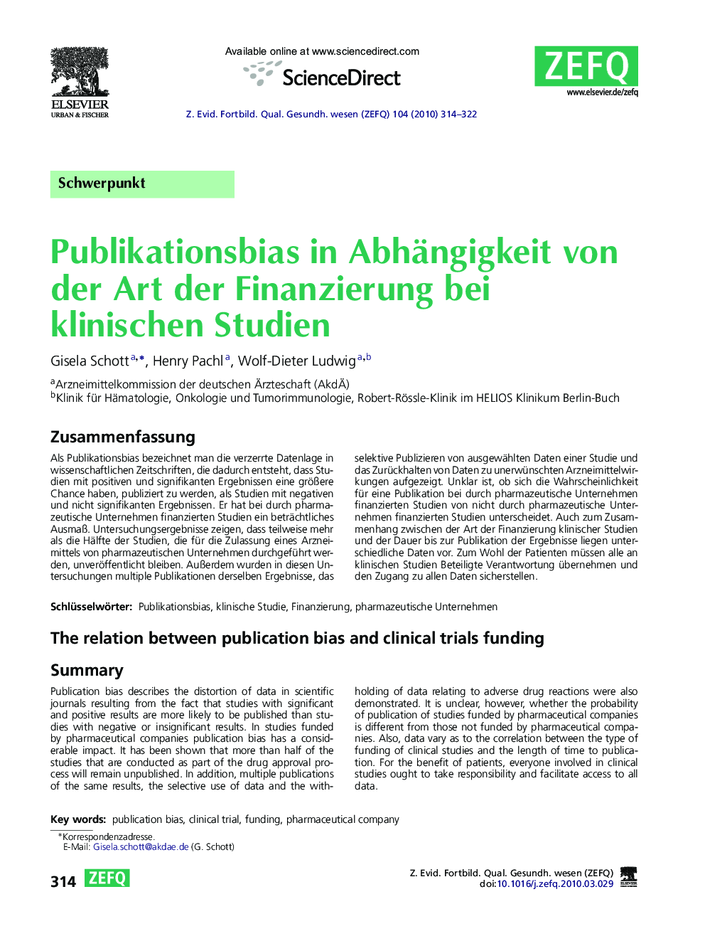 Publikationsbias in Abhängigkeit von der Art der Finanzierung bei klinischen Studien