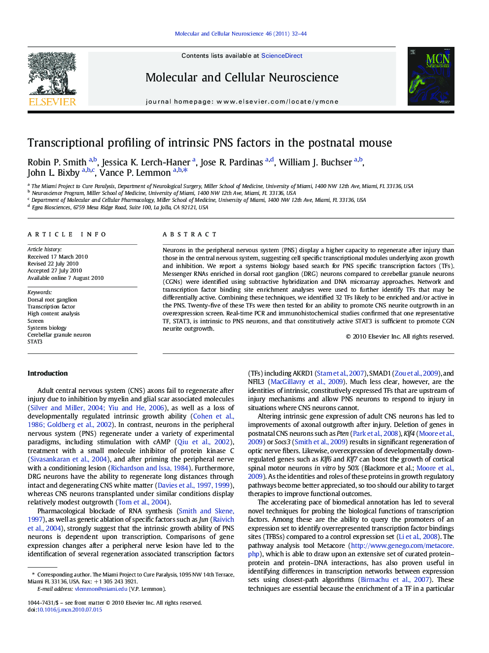 Transcriptional profiling of intrinsic PNS factors in the postnatal mouse