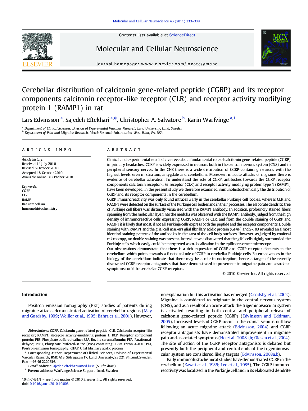Cerebellar distribution of calcitonin gene-related peptide (CGRP) and its receptor components calcitonin receptor-like receptor (CLR) and receptor activity modifying protein 1 (RAMP1) in rat
