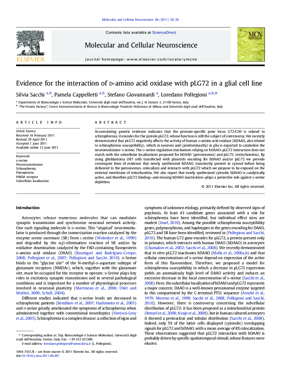 Evidence for the interaction of d-amino acid oxidase with pLG72 in a glial cell line