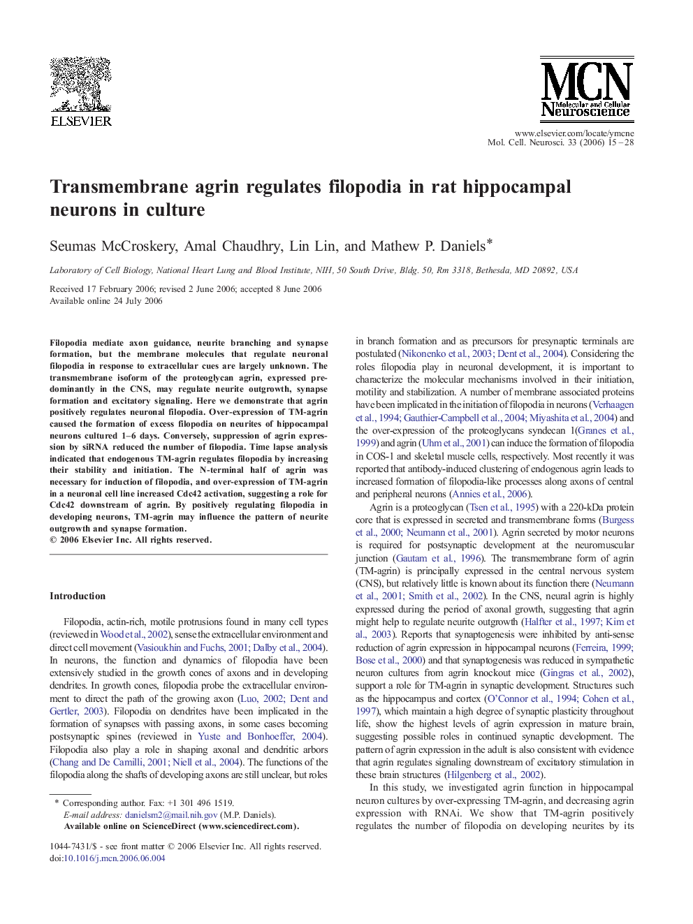 Transmembrane agrin regulates filopodia in rat hippocampal neurons in culture