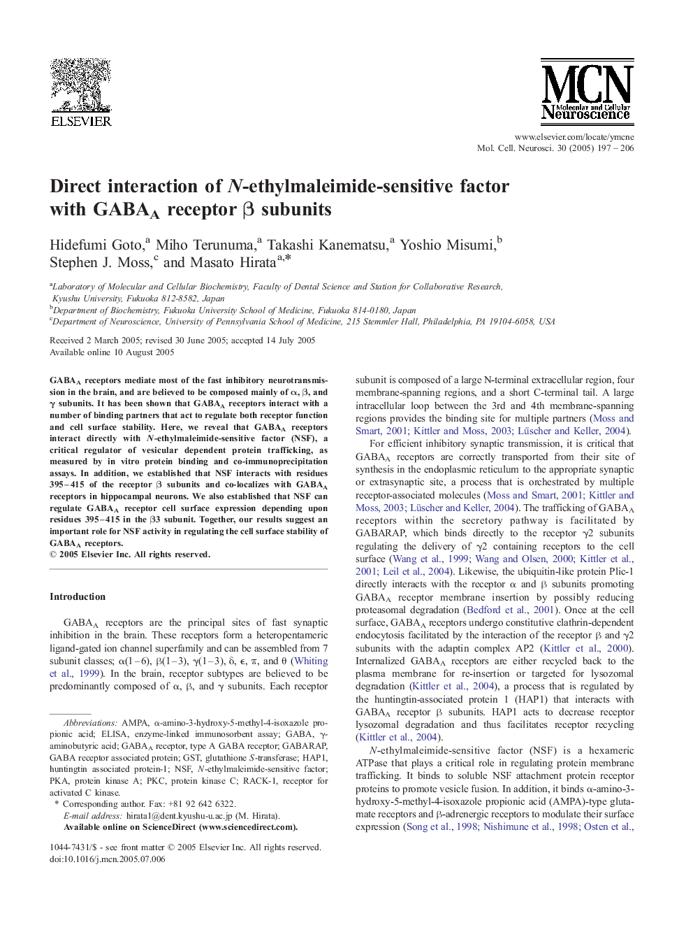 Direct interaction of N-ethylmaleimide-sensitive factor with GABAA receptor Î² subunits