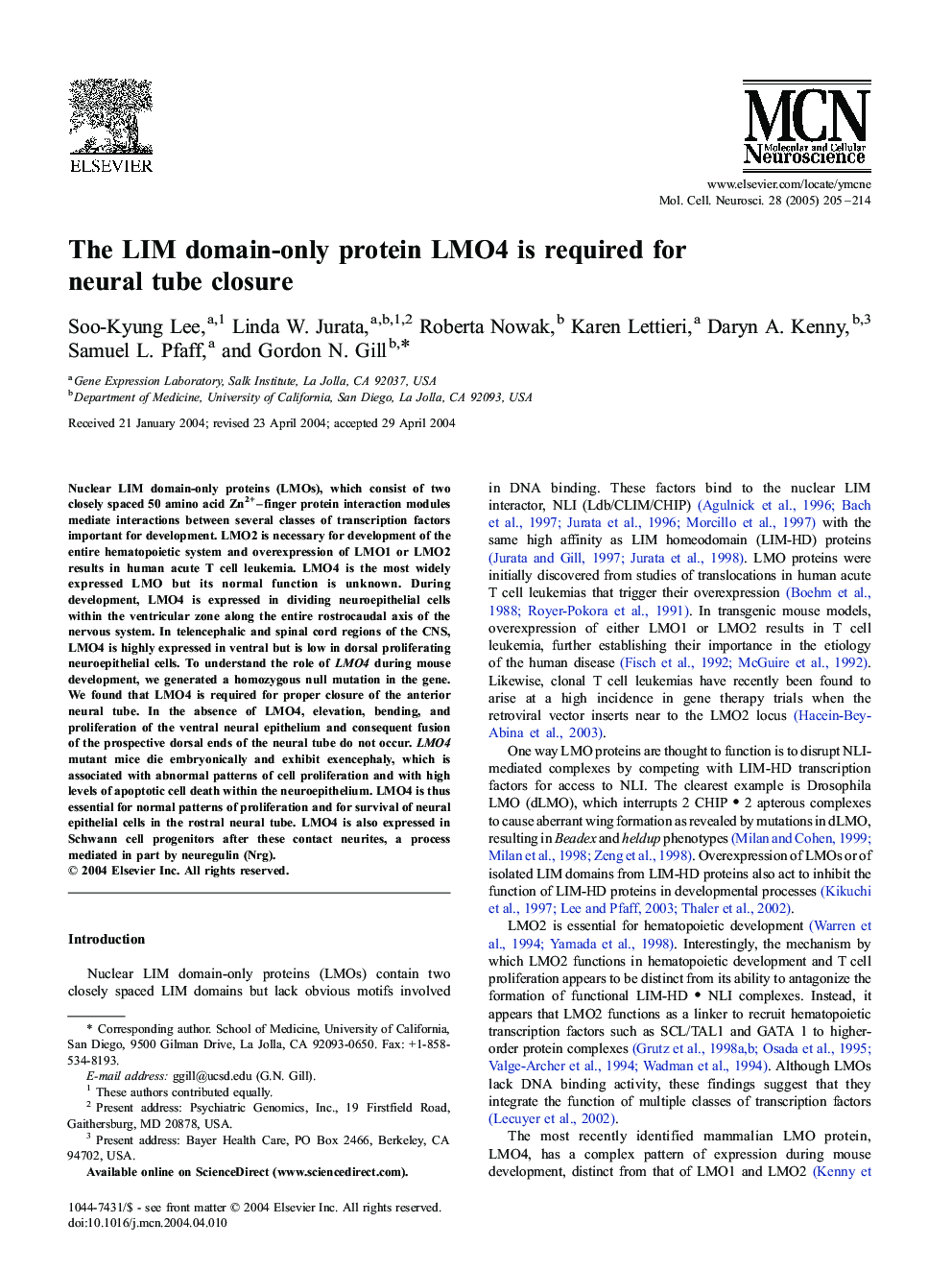 The LIM domain-only protein LMO4 is required for neural tube closure