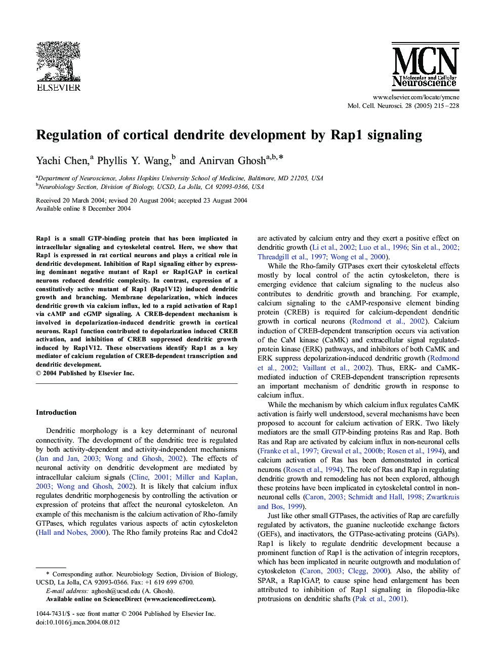 Regulation of cortical dendrite development by Rap1 signaling