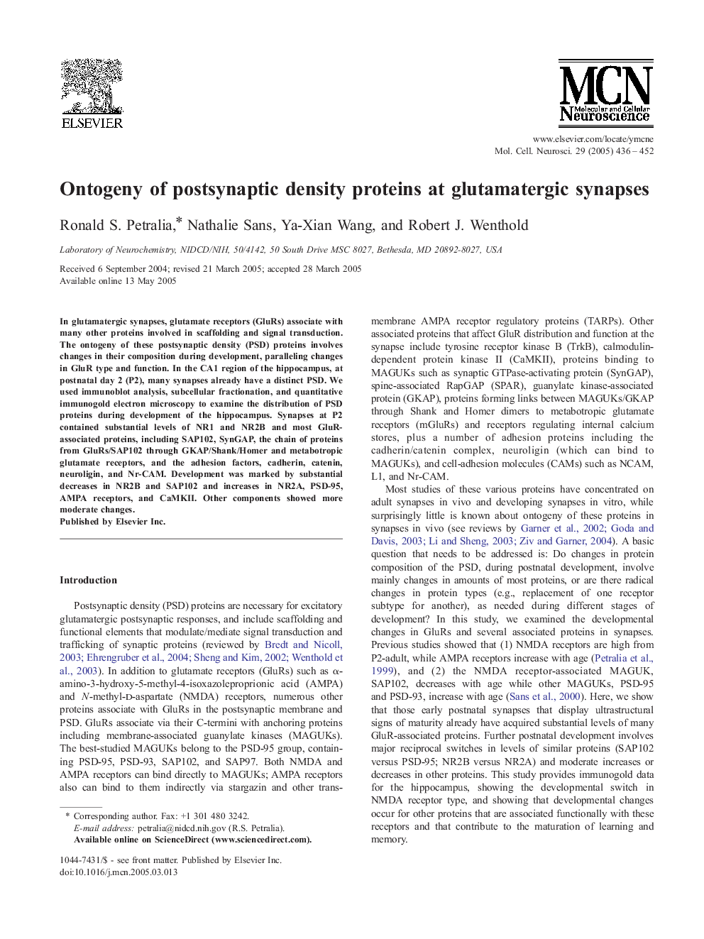 Ontogeny of postsynaptic density proteins at glutamatergic synapses