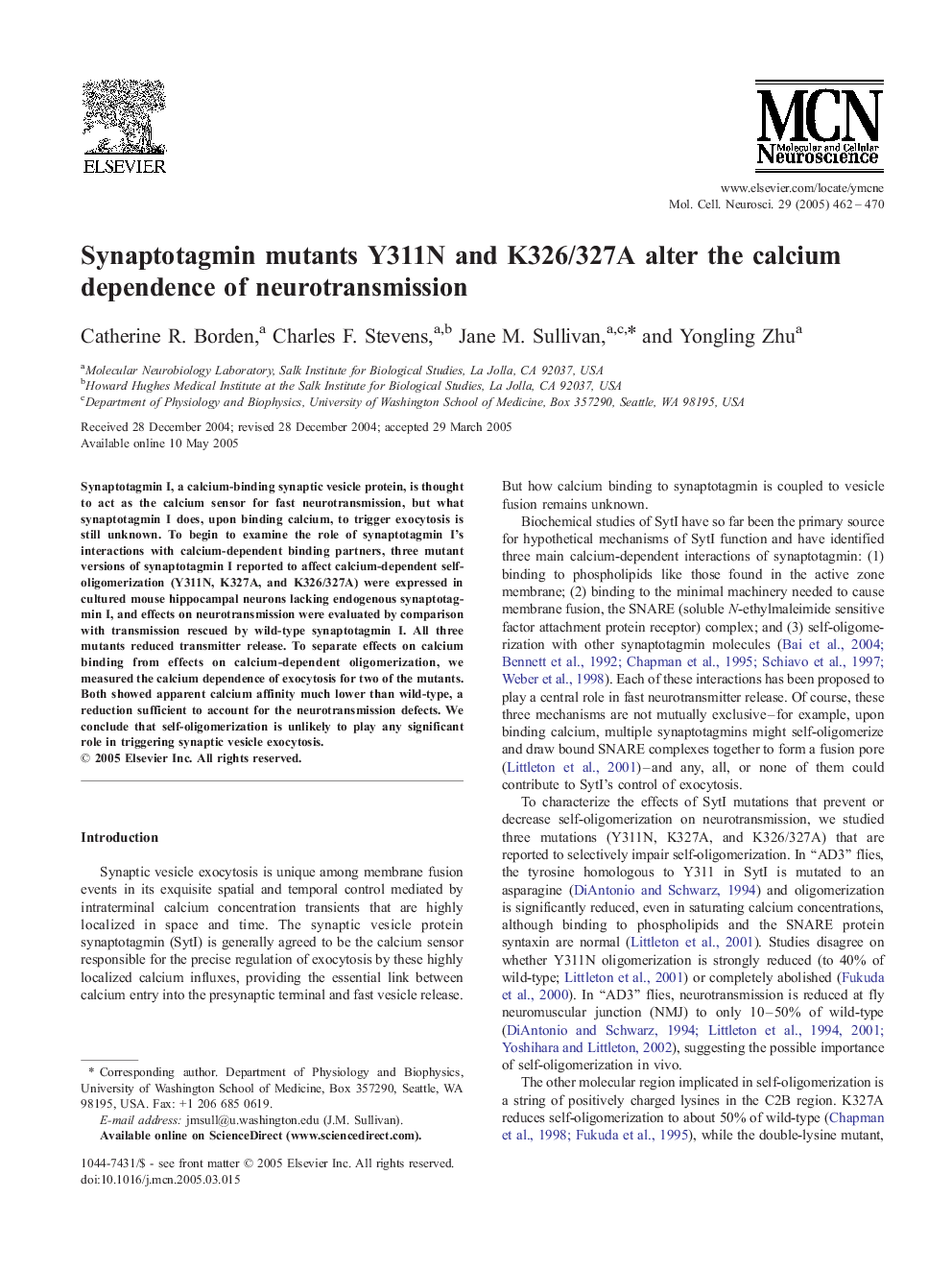 Synaptotagmin mutants Y311N and K326/327A alter the calcium dependence of neurotransmission