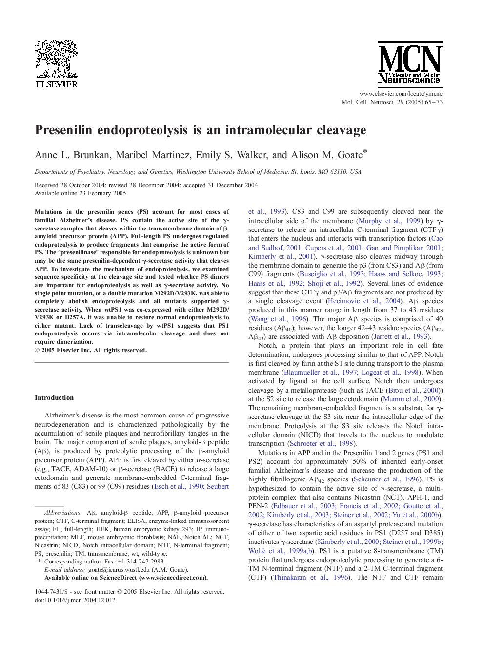Presenilin endoproteolysis is an intramolecular cleavage