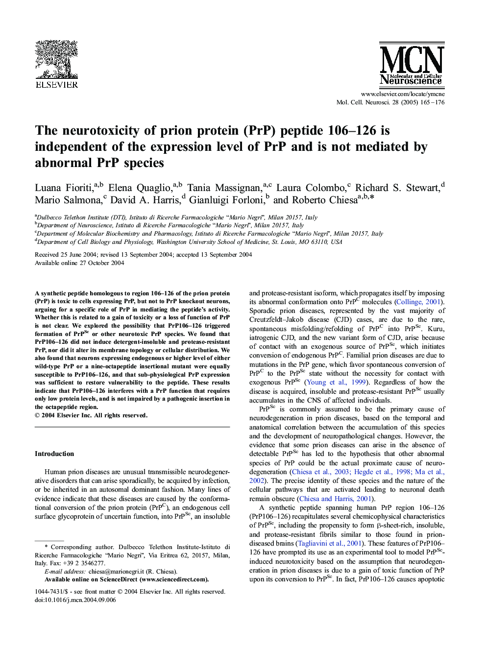The neurotoxicity of prion protein (PrP) peptide 106-126 is independent of the expression level of PrP and is not mediated by abnormal PrP species