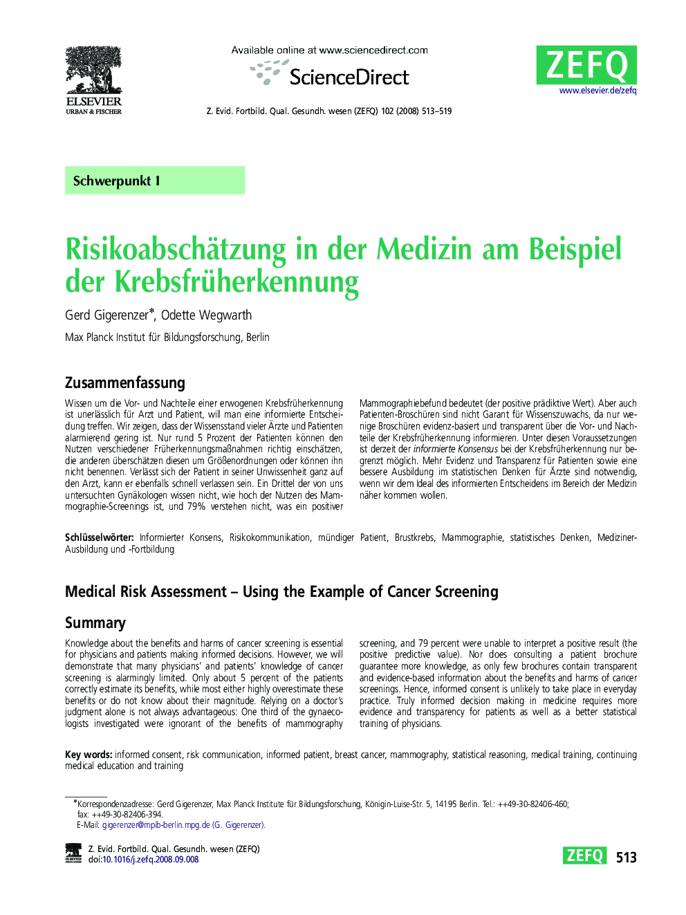 Risikoabschätzung in der Medizin am Beispiel der Krebsfrüherkennung